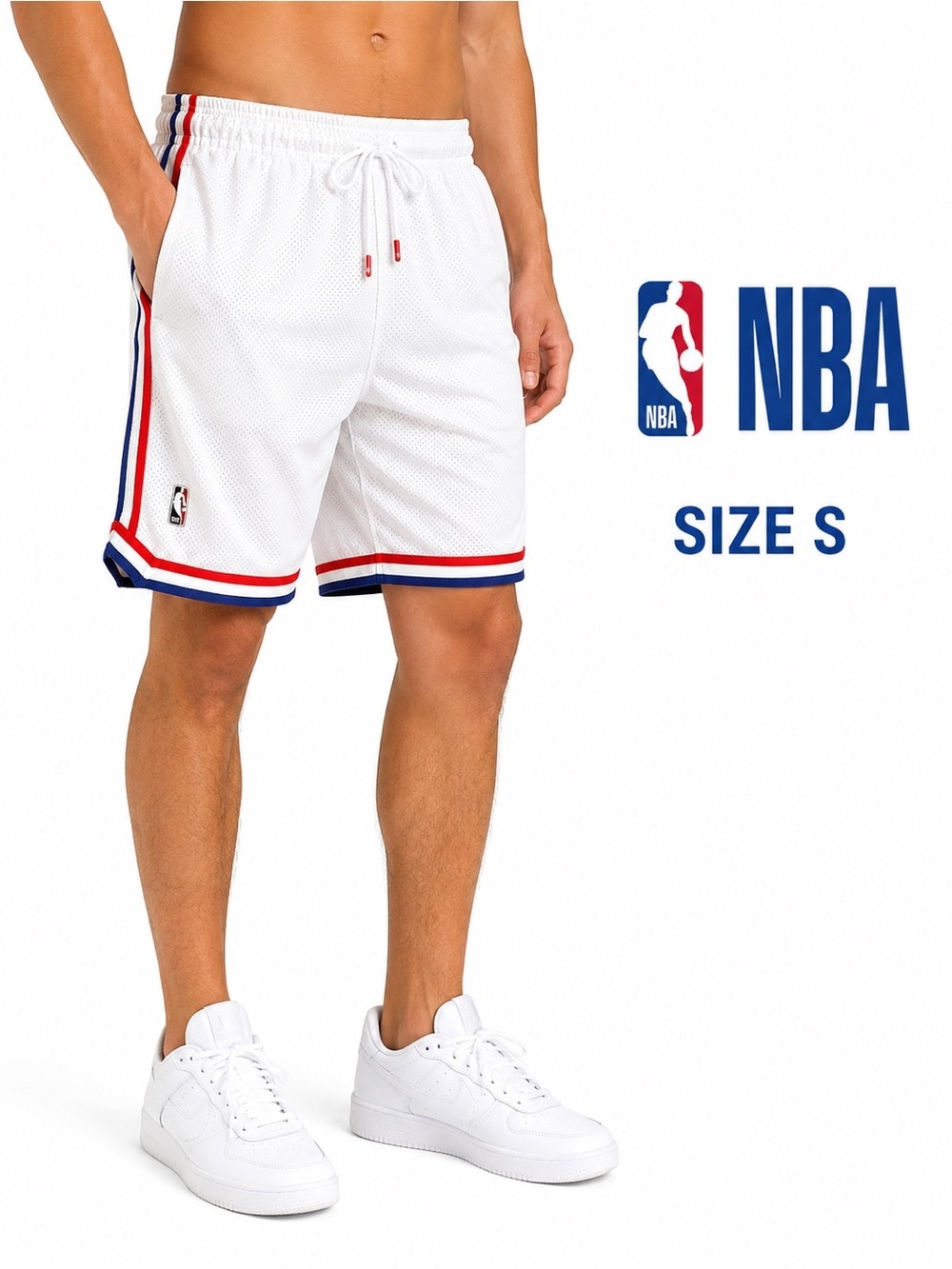 NBA Men’s White Mesh Basketball Shorts Size S Red Blue Trim Athletic Shorts
